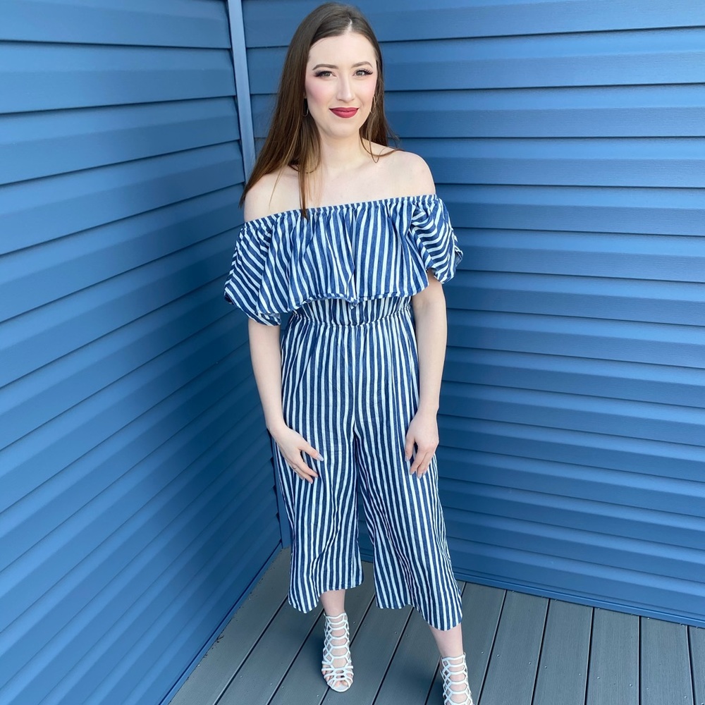 Striped jumpsuit off the shoulder